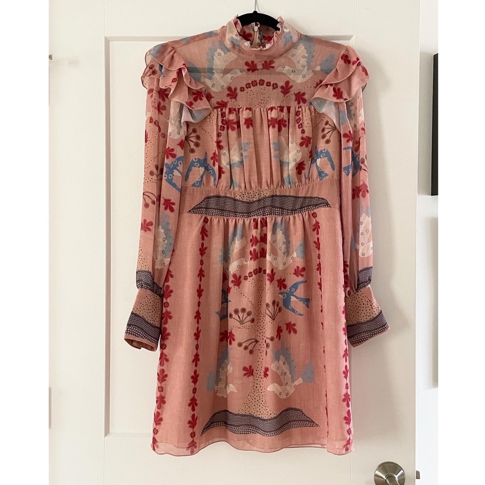 Anna Sui Pink Floral Ruffle Mini Dress with Blue Accents